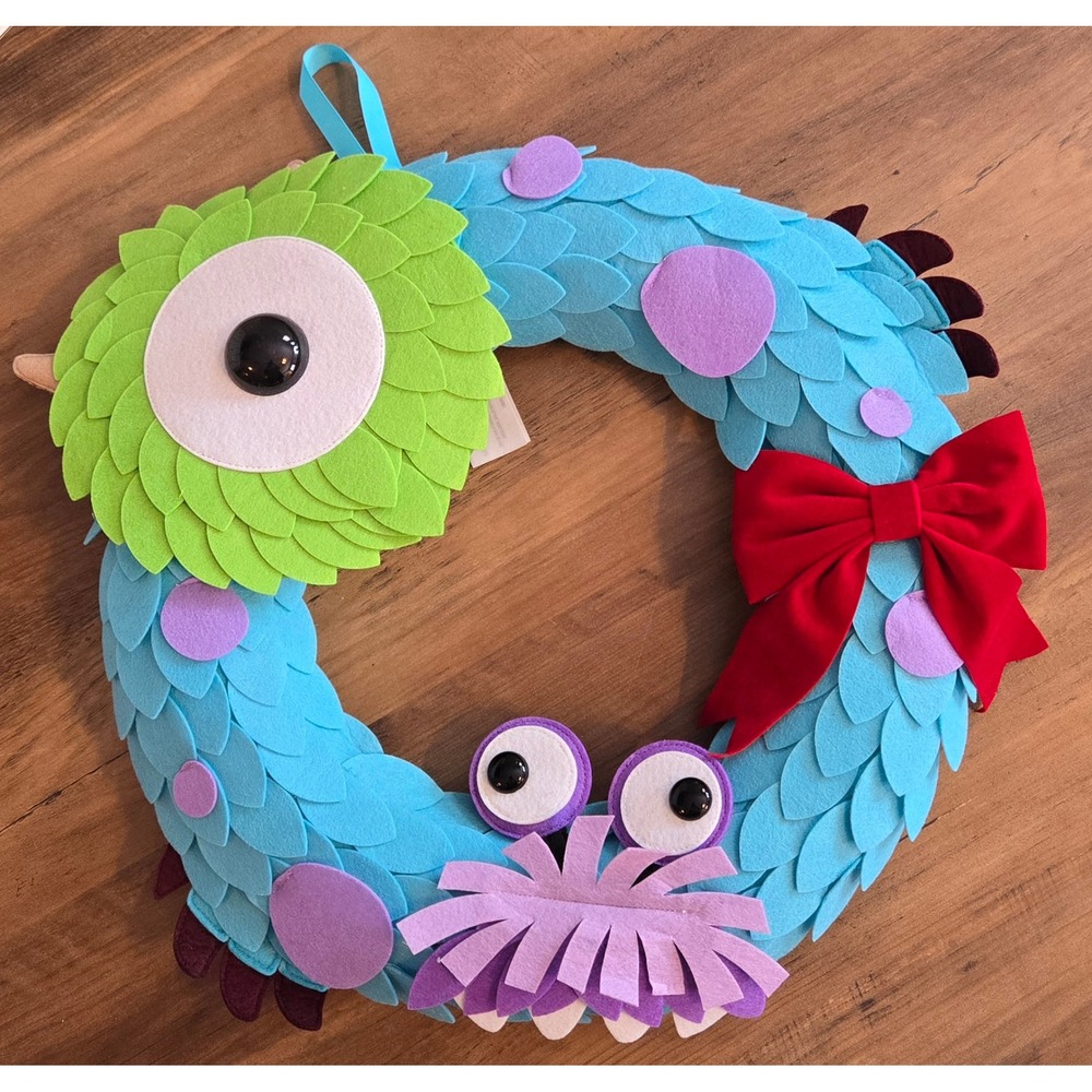 Disney Pixar Monsters Inc Sulley Mike Wazowski Felt Wreath Blue Green Red Bow
